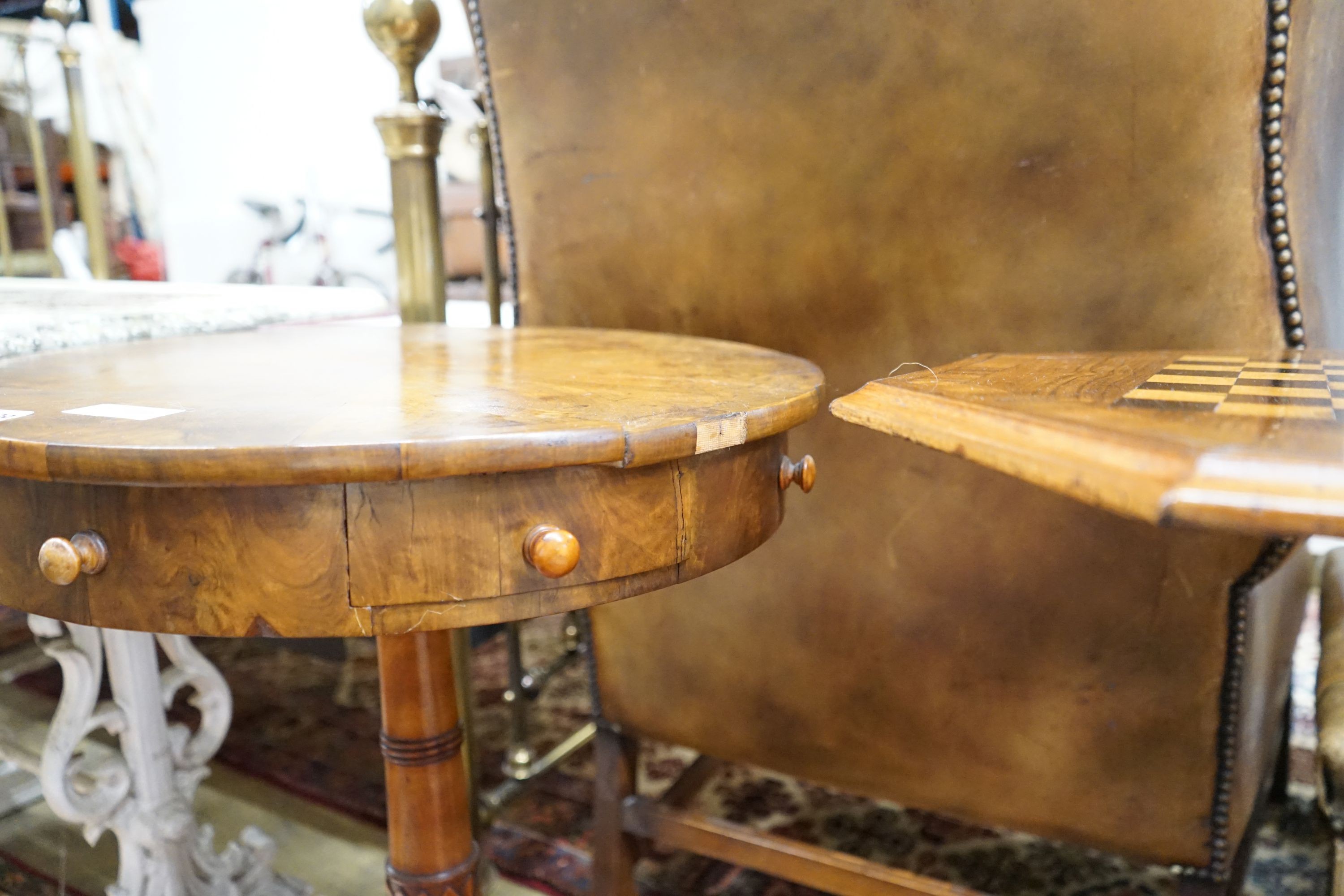 An early 19th century Maltese olive wood circular inlaid drum table, pedestal base, diameter 54cm, height 72cm